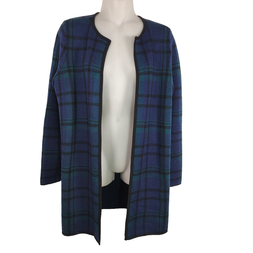 Talbots Women Merino Wool Plaid Cardigan Medium Petite Sweater Open Front Preppy